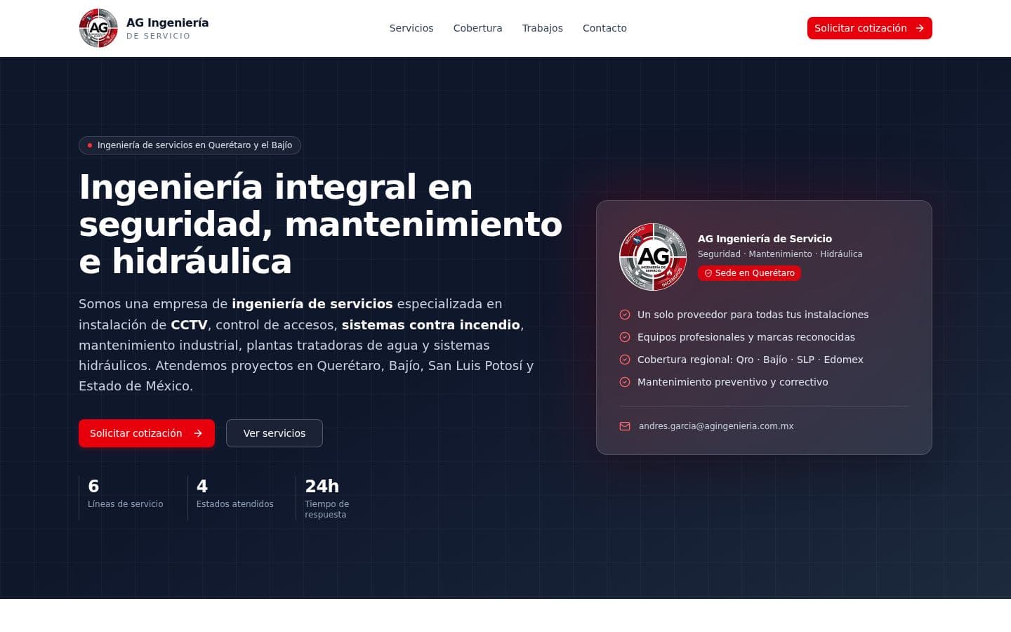 Captura del sitio web de AG Ingeniería de Servicio: Ingeniería de servicios · Seguridad industrial