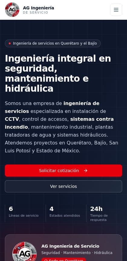 Captura del sitio web de AG Ingeniería de Servicio: Ingeniería de servicios · Seguridad industrial